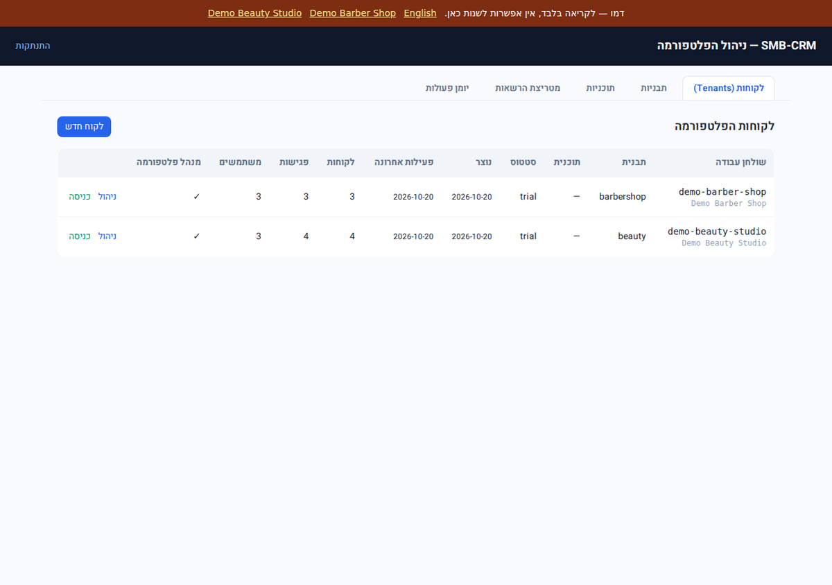 Management console of a multi-tenant booking and CRM platform, showing tenants, templates and plans.