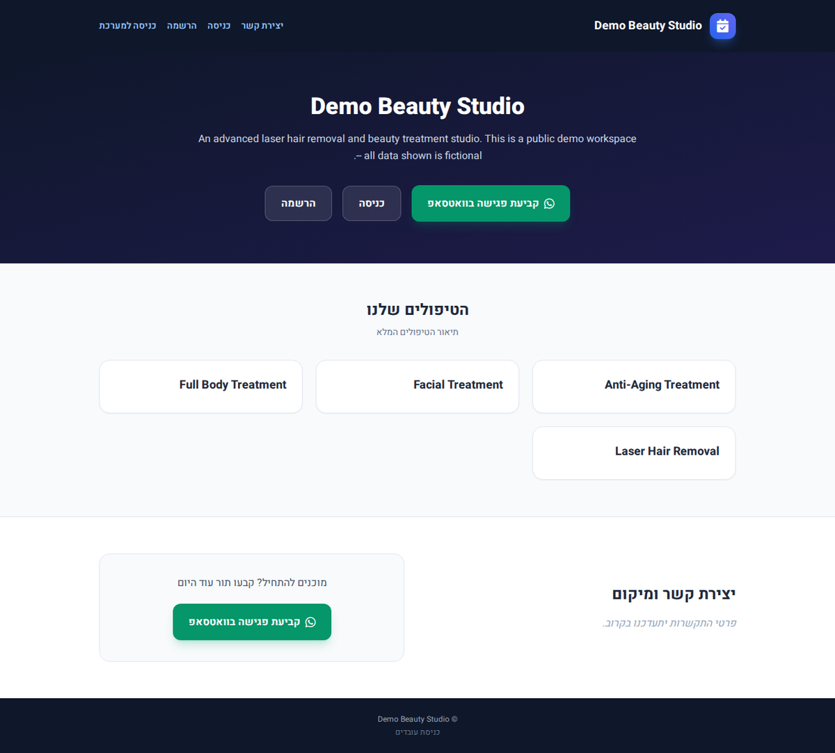 Home page of a fictional tenant business inside the booking and CRM platform.